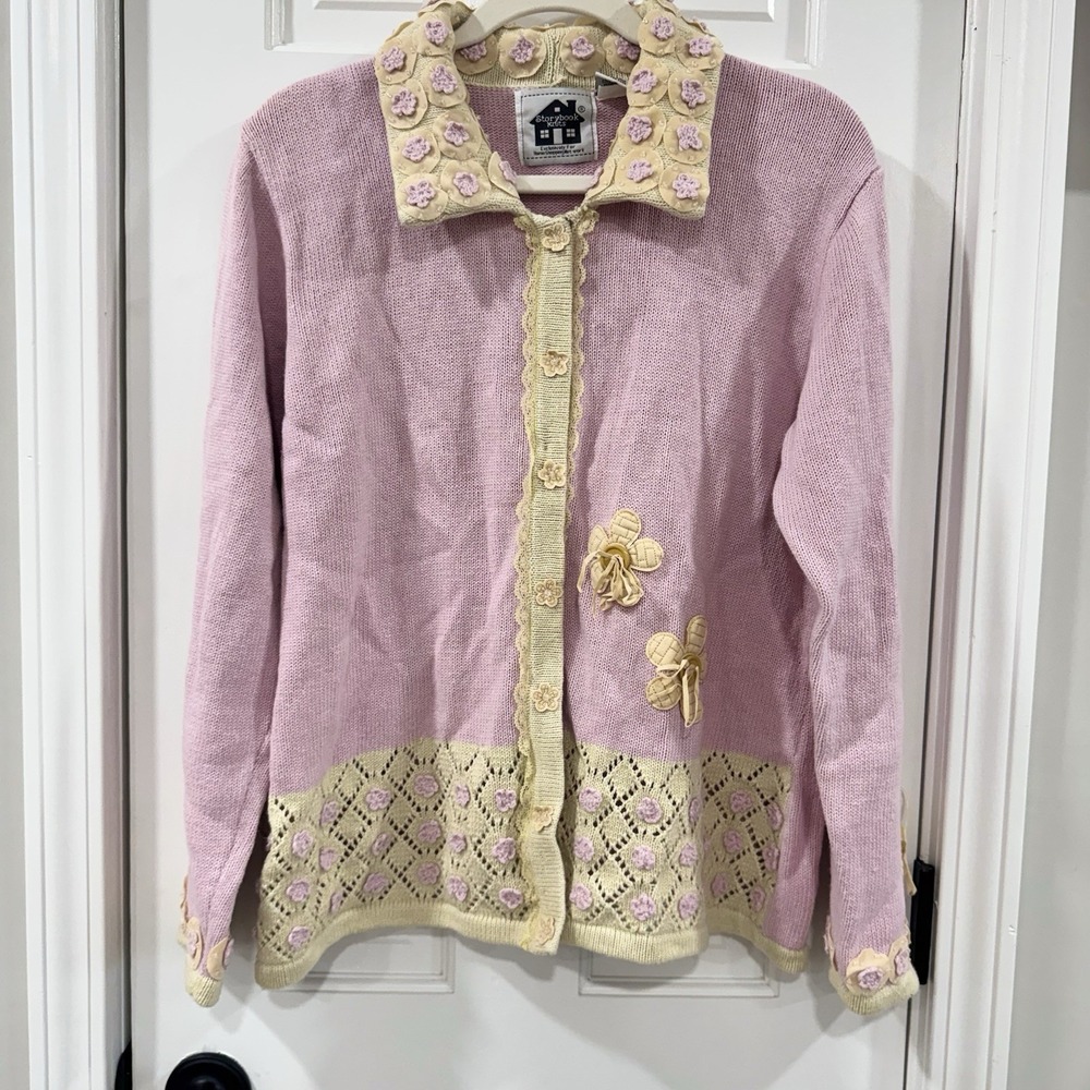 Storybook Knits Cardigan L Pink Floral Applique Cottagecore Coquette Y2K